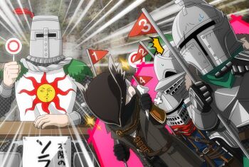 5boys armor bearer_of_the_curse black_hat bloodborne breastplate bridal_gauntlets chosen_undead commentary_request dark_souls_(series) dark_souls_i dark_souls_ii demon&#039;s_souls flag grey_hair hat helm helmet holding holding_flag hunter_(bloodborne) knight multiple_boys short_hair slayer_of_demons solaire_of_astora suou_yuuchi textless_version upper_body