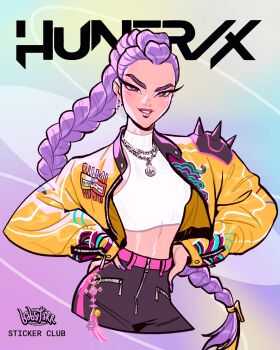 1girl artist_name babs_tarr black_shorts braid breasts brown_eyes commentary cowboy_shot crop_top earrings english_commentary group_name hands_on_own_hips highres jacket jewelry kpop_demon_hunters long_hair looking_at_viewer medium_breasts nail_polish necklace parted_lips pink_lips purple_hair purple_nails ribbed_shirt rumi_(kpop_demon_hunters) shirt shorts shoulder_spikes silver_necklace single_braid sleeveless sleeveless_turtleneck smile solo spikes turtleneck upper_body white_shirt yellow_jacket