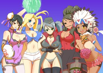 Rule 34 | 5girls, :d, ageha (senran kagura), antenna hair, arm on another's shoulder, artist request, bandaid, bandaid on face, baozi hair ornament, bike shorts, bike shorts under skirt, black hair, black skirt, black thighhighs, blonde hair, blue background, blue eyes, blue shirt, blush, body blush, bomb, breasts, brown eyes, brown hair, bun (food), bun cover, china dress, chinese clothes, cleavage, commentary, dark-skinned female, dark skin, dixie cup hat, double bun, dress, electricity, english commentary, explosive, firecrackers, flower, flower in mouth, food, food-themed hair ornament, fuse, gluteal fold, green eyes, grey hair, grey panties, groin, hair bun, hair ornament, hat, headdress, high ponytail, highres, holding, holding bomb, holding flower, holding pom poms, large breasts, linea alba, looking at viewer, matsuri (senran kagura), meimei (senran kagura), midriff, military hat, military uniform, multiple girls, native american clothes, native american headdress, needle, one eye closed, open mouth, orange eyes, panties, pantyhose, parted bangs, pin, pink skirt, pom pom (cheerleading), pom poms, ponytail, purple dress, purple ribbon, red shirt, ribbon, senran kagura, senran kagura new wave, shiny skin, shirt, short shorts, shorts, shuriken print, sidelocks, skirt, smile, standing, steamed bun, sweatband, swept bangs, teeth, thighhighs, thorns, throwing needles, tied shirt, tiger mask (object), tomahawk, tongue, tsubame (senran kagura), twintails, underwear, upper teeth only, v-shaped eyebrows, white shorts, white thighhighs, yellow eyes, yoshimitsu (senran kagura)