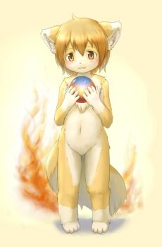 Rule 34 | :3, androgynous, animal ears, animal hands, barefoot, blush, fire, fox ears, fox tail, furry, gender request, gradient background, holding, kagerofu, mozilla firefox, nude, orange eyes, orb, smile, solo, standing, tail