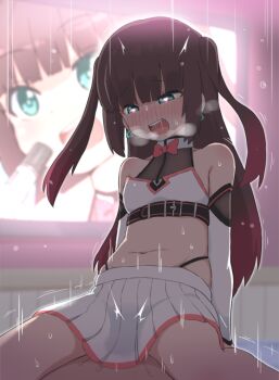 1boy 1girl bad_id bad_twitter_id blush bow bowtie brown_hair bubukka cowgirl_position earrings girl_on_top green_eyes heart heart-shaped_pupils heavy_breathing hetero hololive implied_sex jewelry juxtaposition loli long_hair looking_down motion_lines natsuiro_matsuri natsuiro_matsuri_(re:start) navel open_mouth performance_juxtaposition pleated_skirt red_bow red_bowtie screen sex skirt straddling sweat symbol-shaped_pupils television virtual_youtuber white_skirt