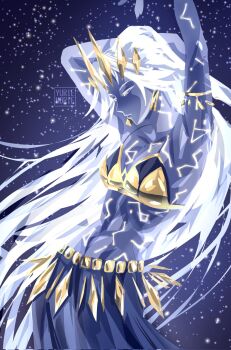 1girl bad_link breasts cleavage cosmic earrings glowing glowing_lines gold_bra gold_earrings gold_skirt gold_tiara highres jewelry long_hair queen_(to_be_hero_x) solo star_(sky) starry_sky_background to_be_hero to_be_hero_x white_hair yuriemorie_(artist)