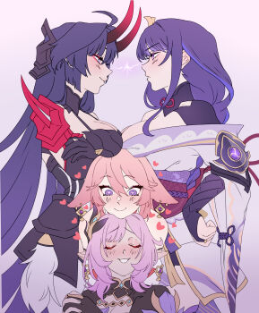 Rule 34 | 4girls, braid, breasts, bridal gauntlets, commentary, elysia (honkai impact), english commentary, engulfing lightning (genshin impact), fan hair ornament, genshin impact, highres, honkai (series), honkai impact 3rd, horns, japanese clothes, kimono, long braid, long hair, low-braided long hair, low-tied long hair, mihoyo, mitsudomoe (shape), mole, mole under eye, multiple girls, musou isshin (genshin impact), nagatekkou, obiage, obijime, pink hair, ponytail, purple eyes, purple hair, purple kimono, purple nails, raiden mei, raiden mei (herrscher of thunder), raiden shogun, red horns, sawashiro miyuki, senouzzz, smile, tomoe (symbol), very long hair, yae miko