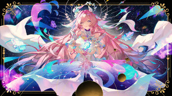 1girl bare_shoulders breasts chinese_commentary closed_mouth colored_tips commentary_request cyrene_(honkai:_star_rail) cyrene_(ripples_of_past_reverie)_(honkai:_star_rail) dress gradient_hair hands_up highres honkai:_star_rail honkai_(series) large_breasts long_hair looking_at_viewer multicolored_hair multiple_views partial_commentary pink_hair purple_eyes puzzle_piece smile very_long_hair white_dress yu_e_baba