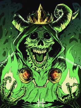 1boy adventure_time artist_logo black_background bone bright_pupils broken_horn commentary crown curled_horns english_commentary fire gem ghost gold_crown green_fire green_theme highres hood hood_up horns hushpuppyart lich lich_(adventure_time) logo open_mouth red_gemstone rotting simple_background skeletal_hand souls spiral_horn white_pupils