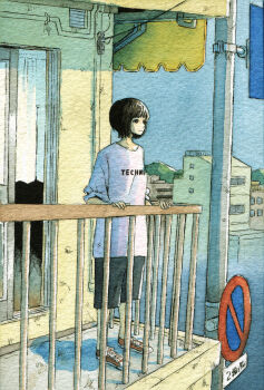 1girl apartment black_eyes black_hair black_shorts blue_sky blunt_bangs building chinese_text closed_mouth clothes_writing cloud cloudy_sky expressionless fog highres hood house indoors looking_ahead orange_shoes original shadow shoes short_hair short_sleeves shorts sky solo standing sunlight yuroy_kawano