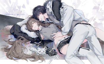 1boy 1girl anchun_(quail0503) belt black_hair black_jacket black_shorts brown_hair couple cross cross_necklace eyelashes fur_trim grin hand_on_another's_stomach highres image_sample jacket jewelry long_hair long_sleeves looking_at_another lying mihuashi_sample necklace on_back open_mouth original pants sample_watermark short_hair short_shorts shorts sidelocks smile watermark white_belt white_pants yellow_eyes