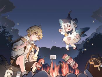 1boy 1girl aether_(genshin_impact) ahoge alternate_costume blonde_hair bottle brown_shorts campfire charlieinoni closed_eyes dress eating food forest genshin_impact highres hood hoodie jacket long_hair marshmallow milk_bottle nature night outdoors paimon_(genshin_impact) shorts skewer sky white_dress white_hair white_hoodie yellow_eyes