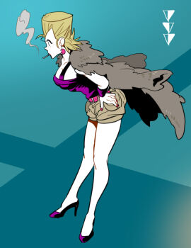 1girl anzumame blonde_hair coat female_focus flattop fur_coat genderswap genderswap_(mtf) hands_on_own_hips high_heels jacket jacket_on_shoulders jean_pierre_polnareff jojo_no_kimyou_na_bouken shorts solo