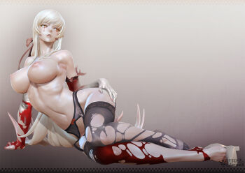 10s 1girl 3d black_thighhighs blonde_hair blood blood_on_clothes bloody_tears breasts elbow_gloves female_focus garter_belt gloves high_heels highres huge_breasts kiss-shot_acerola-orion_heart-under-blade kizumonogatari leslyzerosix long_hair monogatari_(series) nipples oshino_shinobu parted_lips pointy_ears shoes single_shoe solo teeth thighhighs topless_female torn_clothes torn_thighhighs very_long_hair white_gloves white_shoes