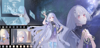 1girl absurdres colored_extremities commentary_request dress galaxy grey_hair hair_ornament halo hand_up highres holding holographic_interface jacket long_hair looking_at_viewer mornye_(wuthering_waves) multiple_views own_hands_together parted_lips purple_dress red_eyes red_hands shouga_chahan sky space star_(sky) starry_sky white_jacket wuthering_waves