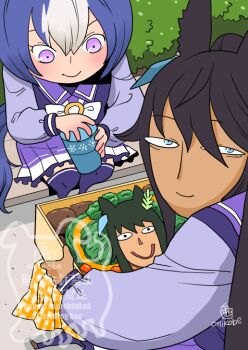 Rule 34 | 2girls, animal ears, bench, bento, black hair, blue eyes, blue hair, bow, bowtie, bush, cesario (umamusume), closed mouth, commentary request, dark-skinned female, dark skin, hair between eyes, holding thermos, horse ears, horse girl, horse tail, long hair, long sleeves, looking at viewer, multicolored hair, multiple girls, onikobe rin, pleated skirt, purple eyes, purple shirt, purple skirt, purple thighhighs, school uniform, shirt, short hair, skirt, smile, symboli kris s (umamusume), tail, thermos, thighhighs, tracen school uniform, two-tone hair, umamusume, upper body, watermark, white bow, white bowtie, white hair, winter uniform