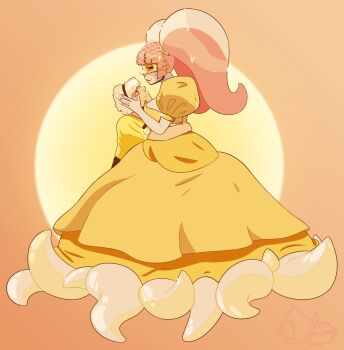 Rule 34 | 1boy, 1girl, blonde hair, cthulhu mythos, d (sucker for love), dress, estir, highres, lipstick mark, long hair, looking at another, pink hair, salemspies, smile, sucker for love, tentacles, twintails, yellow dress