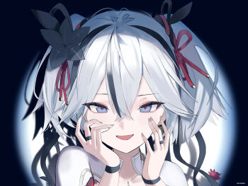 Rule 34 | 1girl, black flower, blake bloom (wuthering waves), camellya (wuthering waves), commentary, fingernails, flower, hair between eyes, hair flower, hair ornament, hair vines, hands up, hashtag-only commentary, highres, hiromi two, looking at viewer, open mouth, portrait, short hair, short twintails, smile, solo, twintails, white hair, wuthering waves