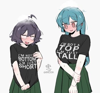2girls ahoge an_sin blue_hair blush commentary_request english_text green_skirt highres hiiragi_utena korean_commentary long_hair mahou_shoujo_ni_akogarete medium_hair minakami_sayo multiple_girls print_shirt purple_hair shirt skirt t-shirt white_background yuri