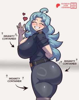 1girl ? ?? ahoge arm_behind_back arrow_(symbol) ass black_shirt blue_hair blush breasts closed_eyes commentary commission cowboy_shot english_commentary evil_container_(meme) facing_viewer grey_shorts grin hand_up heart highres huge_ass huge_breasts meme original shirt shorts smile solo tehhank tight_clothes tight_shirt waving white_background