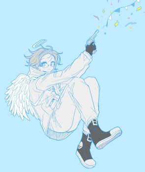 Rule 34 | 1boy, aotsuki eito, blue background, bunting, closed mouth, colored lineart, commentary, confetti, eyelashes, fake halo, fake wings, full body, glasses, gloves, greyscale with colored background, gun, hairband, halo, handgun, hatching (texture), highres, holding, holding gun, holding weapon, invisible chair, jacket, linear hatching, long sleeves, male focus, pants, shoes, short hair, signature, simple background, sitting, smile, sneakers, solo, spot color, sunodadada, symbol-only commentary, tareme, the hundred line -last defense academy-, weapon, wings