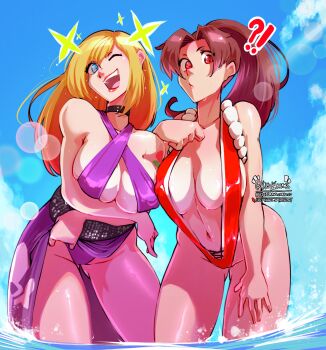 !? 2girls ;d absurdres b._jenet bare_shoulders blonde_hair blue_eyes blush breasts brown_hair choker cleavage collarbone commentary curious english_commentary fatal_fury flower_tattoo garou:_mark_of_the_wolves hand_on_another&#039;s_shoulder haysey highleg highleg_one-piece_swimsuit highres jewelry large_breasts long_hair looking_at_viewer multiple_girls navel one-piece_swimsuit one_eye_closed open_mouth paid_reward_available shiranui_mai smile snk sparkle standing stomach swimsuit tattoo the_king_of_fighters wet