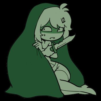 Rule 34 | 1girl, animated, animated gif, antenna hair, blanket, bodysuit, combat knife, commentary, constricted pupils, english commentary, flat color, full body, green theme, hair ornament, hairclip, highres, hirotonfa, holding, holding knife, holding weapon, jucika (comic), knife, looking to the side, marie (peripeteia), medium hair, nervous sweating, official art, open mouth, pal pusztai (style), peripeteia, scared, shaded face, sideways glance, sitting, solo, sprite, sweat, transparent background, weapon, wide-eyed, wrapped in blanket, yokozuwari