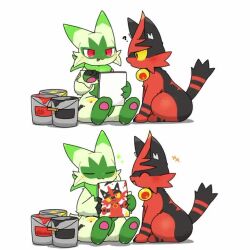+++ :3 ? ^_^ all_fours animated black_fur body_fur cat closed_eyes colored_sclera comic commentary_request floragato full_body furry gen_7_pokemon green_fur looking_at_another nintendo oil_can paint_can painting_(action) pokemon pokemon_(creature) red_eyes red_fur sitting smug sparkle tagme tail tail_wagging taro_(tontaro) tongue tongue_out torracat two-tone_fur video yellow_sclera