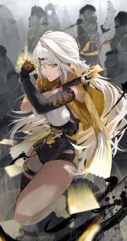 1girl asymmetrical_gloves black_unitard breasts coin commentary duplicate elbow_gloves fingerless_gloves full_body gloves gold_coin hair_ornament high-waist_shorts highres holding holding_ofuda holding_over_opposite_shoulder holed_coin jacket large_breasts long_hair medium_breasts money ofuda open_clothes open_jacket shorts single_elbow_glove single_hair_intake single_thighhigh solo thighhighs uneven_gloves white_hair yellow_eyes yellow_jacket yixuan_(zenless_zone_zero) yukii91218 zenless_zone_zero