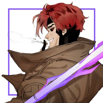1boy black_sclera brown_coat cigarette coat colored_sclera facial_hair from_behind gambit glowing glowing_weapon grin hashtag-only_commentary highres holding holding_cigarette looking_at_viewer looking_back male_focus marvel marvel_rivals profile red_eyes red_hair short_hair smile smoking solo specter515021 staff stubble trench_coat upper_body weapon white_background x-men
