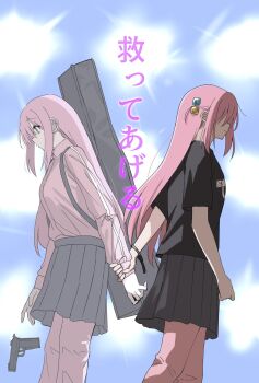 2girls back-to-back black_shirt bocchi_the_rock! commentary cowboy_shot cube_hair_ornament dropping dual_persona faceless faceless_female from_side gotoh_hitori grey_skirt guitar_case gun hair_ornament handgun highres holding_another&#039;s_wrist instrument_case jacket kanaria_hisagi light_smile long_hair lyrics multiple_girls pants pants_under_skirt pink_hair pink_jacket pink_pants shirt skirt smile stage_lights track_jacket track_pants translated walking walking_away weapon