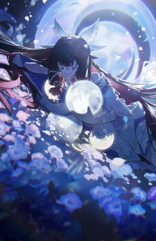 1girl absurdres black_hair bow closed_eyes closed_mouth columbina_(genshin_impact) dress eye_mask genshin_impact hair_ornament head_wings highres holding long_hair mask moon multicolored_hair pink_hair ribbon smile solo streaked_hair two-tone_hair very_long_hair white_dress white_wings wing_hair_ornament wings yurun_(yurun_ume)