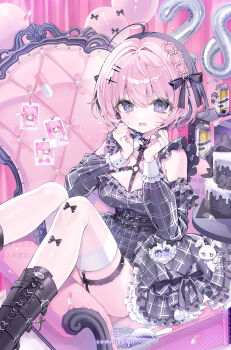 1girl absurdres ahoge armchair armpit_crease balloon bandaid bandaid_on_finger bandaid_on_hand belt between_breasts birthday_cake black_belt black_boots black_bow black_dress black_garter_straps black_ribbon black_sleeves blister_pack blurry blurry_foreground blush boots bow bow_legwear breasts cake can cellphone chair chest_harness collarbone commission cross_hair_ornament detached_sleeves dress drinking_straw food fork frilled_dress frills garter_straps glint gloves hair_intakes hair_ornament hair_ribbon hairclip harness heart heart_in_eye highres jirai_kei konpe_itou long_sleeves looking_at_viewer medium_hair multicolored_hair name_tag noa-senpai_wa_tomodachi. o-ring o-ring_harness official_art open_mouth phone photo_(object) pill pink_background pink_hair pink_theme plaid_clothes plaid_dress plaid_sleeves purple_eyes purple_hair ribbon rug safety_pin saotome_noa signature sitting smartphone solo spiked_thigh_strap split-color_hair strap_between_breasts stuffed_animal stuffed_rabbit stuffed_toy symbol_in_eye tears thighhighs thighs two-tone_hair white_thighhighs