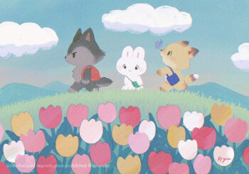 animal ayu_(mog) bag blue_sky bug butterfly closed_mouth cloud commentary day english_commentary flower fox grass insect mixed-language_commentary no_humans open_mouth original outdoors pink_flower pink_tulip rabbit romaji_commentary signature sky smile solid_circle_eyes tulip twitter_username watermark white_flower white_tulip wolf yellow_flower yellow_tulip