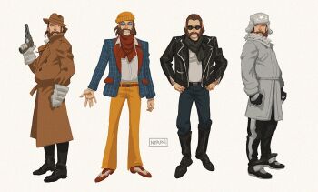 Rule 34 | 1boy, alternate costume, beanie, belt, black gloves, black jacket, black scarf, brown coat, clenched hand, coat, commentary, disco elysium, english commentary, facial hair, facing viewer, fur collar, gauntlets, gloves, grin, gun, handgun, hands on own hips, harry du bois, hat, holding, holding gun, holding weapon, jacket, looking at viewer, male focus, multiple views, mutton chops, nipuni, scarf, smile, smirk, sunglasses, ushanka, weapon, winter clothes, winter coat, yellow hat