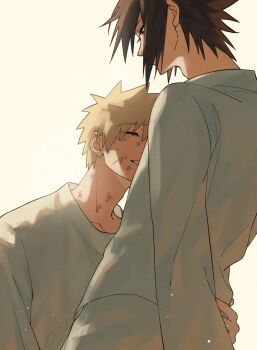 2boys absurdres arm_around_waist black_hair blonde_hair closed_eyes dirty dirty_face facial_mark hair_between_eyes haruiro_(hrm_ino) highres looking_at_another multiple_boys naruto_(series) parted_lips shirt short_hair smile spiked_hair uchiha_sasuke upper_body uzumaki_naruto whisker_markings white_shirt yaoi