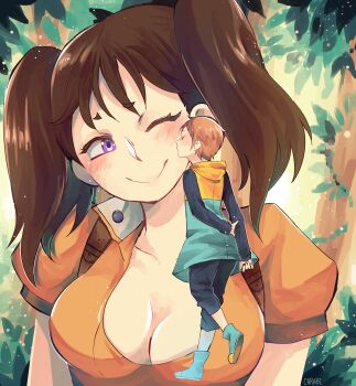 Rule 34 | 1boy, 1girl, absurdres, blush, breasts, brown hair, chrabi, cleavage, closed eyes, diane (nanatsu no taizai), full body, giant, highres, king (nanatsu no taizai), kiss, kissing cheek, medium breasts, medium hair, nanatsu no taizai, one eye closed, orange hair, purple eyes, size difference, smile, twintails, upper body