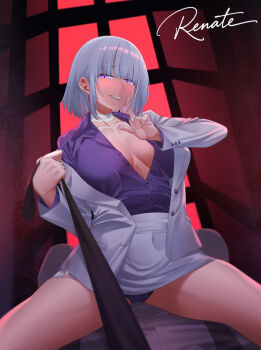 1boy 1girl bandaged_neck bandages breasts business_suit cleavage clothes_grab femdom formal_clothes girl_on_top girls'_frontline grey_hair jacket large_breasts looking_at_viewer necktie necktie_grab neckwear_grab official_alternate_costume purple_eyes purple_shirt rpk-16_(girls'_frontline) rpk-16_(renate)_(girls'_frontline) samsam_s2s shirt short_hair skirt smile solo suit underwear white_jacket