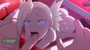 1boy 1girl ^^^ absurdres all_fours ass bite_mark bite_mark_on_penis blonde_hair blue_eyes blurry boku_no_hero_academia commentary completely_nude depth_of_field dutch_angle earrings english_commentary english_text fellatio foreshortening foreskin greatm8 hands_up hetero highres indoors jewelry looking_at_viewer looking_up microphone nakagame_tatami nude oral penis photoshop_(medium) pov saliva saliva_trail sanpaku sharp_teeth sitting source_filmmaker_(medium) speech_bubble table teeth tongue tongue_out twintails uncensored