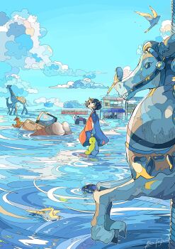 1girl absurdres bird building giraffe highres nara_lalana ocean original scenery sky train wading