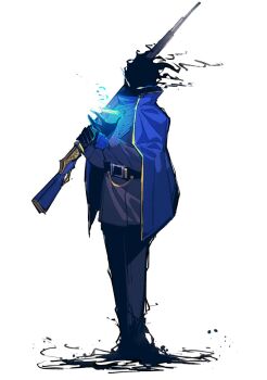 1boy belt belt_buckle black_belt black_fire black_skin black_tunic blue_cloak buckle bullet cloak colored_skin der_freischuetz_(project_moon) energy energy_bullet eye_trail fire flaming_head full_body glowing glowing_eyes gold_trim gun hand_up high_collar highres holding holding_gun holding_weapon legs_together light_trail lobotomy_corporation long_sleeves looking_at_object male_focus object_floating_above_hand over_shoulder project_moon rifle sabaage simple_background solo standing tunic weapon weapon_over_shoulder white_background white_eyes