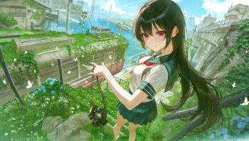 1girl absurdres bare_legs barefoot black_hair blue_sailor_collar blue_skirt breasts cityscape closed_mouth commentary day gas_mask grass highres holding holding_mask ikkia long_hair looking_at_viewer looking_back mask medium_breasts miniskirt neckerchief original outdoors overgrown pleated_skirt post-apocalypse red_eyes red_neckerchief sailor_collar school_uniform serafuku shirt short_sleeves skirt smile solo standing train very_long_hair white_shirt