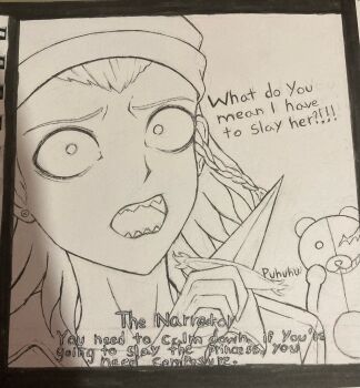 Rule 34 | 1boy, braid, commentary, dagger, danganronpa (series), danganronpa 2: goodbye despair, earrings, english commentary, english text, greyscale, grin, hat, highres, holding, holding dagger, holding knife, holding weapon, jewelry, knife, laughing, male focus, monochrome, monokuma, open mouth, sharp teeth, side braid, simple background, single braid, slay the princess, smile, soda kazuichi, solo focus, teeth, thegreenteabox, traditional media, weapon, white background