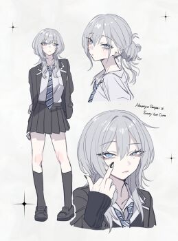 1girl absurdres black_jacket black_nails black_shoes black_skirt black_socks blue_eyes blue_necktie closed_mouth diagonal-striped_clothes diagonal-striped_necktie double-parted_bangs ear_piercing fingernails grey_hair haimiya_mio_(kamiyama_sumu) hair_between_eyes highres jacket kamiyama_sumu long_hair long_sleeves looking_at_viewer middle_finger miniskirt mole mole_under_eye multiple_views nail_polish necktie original piercing pleated_skirt school_uniform shirt shoes skirt sleeves_past_wrists socks striped_clothes white_background white_shirt