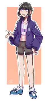 Rule 34 | 1girl, abs, alternate costume, black hair, blue shoes, body freckles, commentary, cosmiccolours, crop top, danganronpa: trigger happy havoc, danganronpa (series), dog tags, freckles, full body, grey shorts, highres, ikusaba mukuro, jacket, long sleeves, midriff, open clothes, open jacket, open mouth, outline, purple jacket, shirt, shoelaces, shoes, short hair, shorts, simple background, socks, solo, teeth, untranslatable commentary, upper teeth only, white outline, white shirt, white socks