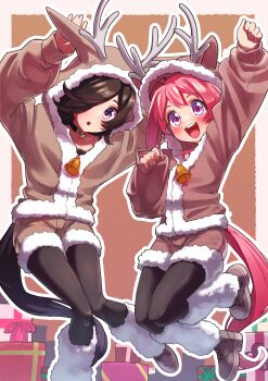 2girls :d absurdres alternate_costume animal_costume animal_ear_hood animal_ears arm_up bell black_choker black_pantyhose blush boots border box brown_background brown_boots brown_hair brown_jacket brown_shorts choker christmas commentary_request double-parted_bangs fake_animal_ears fake_antlers flower_in_eye freely2327 full_body fur-trimmed_jacket fur-trimmed_shorts fur_trim gift gift_box hair_between_eyes hair_over_one_eye haru_urara_(umamusume) highres hood hooded_jacket horse_ears horse_girl horse_tail jacket jumping leg_warmers long_hair multiple_girls neck_bell no_headwear open_mouth outline outside_border pantyhose parted_bangs purple_eyes rabbit_pose reindeer_costume rice_shower_(umamusume) shorts sidelocks smile star_(symbol) star_choker symbol_in_eye tail umamusume white_outline