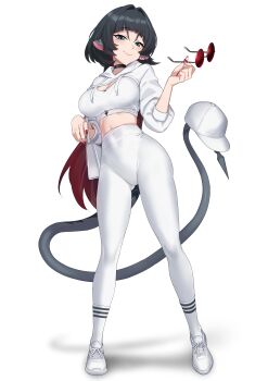 1girl absurdres alternate_costume animal_ears bag black_choker black_hair breasts choker commentary_request crop_top green_eyes handbag hat highres holding holding_bag holding_removed_eyewear holding_with_tail jane_doe_(zenless_zone_zero) large_breasts long_hair looking_at_viewer makarony midriff mouse_ears mouse_girl mouse_tail multicolored_hair pants prehensile_tail red_hair shoes skin_tight socks solo sunglasses tail two-tone_hair unworn_eyewear very_long_hair white_background white_hat white_pants white_shoes white_socks yoga_pants zenless_zone_zero