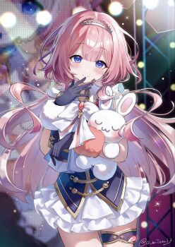1girl black_gloves blue_eyes blush concert cowboy_shot doll dress gloves hand_on_own_face hands_up highres long_hair looking_at_viewer nijisanji nijisanji_idol_uniform oumiomi pink_hair short_dress short_sleeves smile solo spotlight suo_sango very_long_hair white_dress
