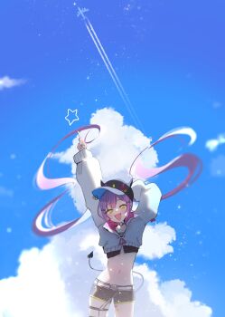 1girl aircraft airplane baseball_cap black_shorts blue_sky contrail cropped_jacket demon_tail fang green_eyes hat highres hololive long_hair midriff navel pointing pointing_up purple_hair ramune_(lamunepop) shorts sky star_(symbol) tail tokoyami_towa tokoyami_towa_(1st_costume) twintails virtual_youtuber