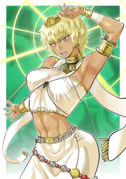 1girl absurdres arm_up armlet armpits bandeau bare_shoulders blonde_hair bracelet breasts commentary_request cowboy_shot dark-skinned_female dark_skin earrings go_madare gold_collar green_background green_eyes hair_between_eyes highres jewelry looking_at_viewer lumina_lightsworn_summoner medium_breasts midriff mini_tiara navel open_mouth short_hair sidelocks skirt solo standing strapless teeth tiara toned toned_female tube_top white_bandeau white_skirt white_tube_top yu-gi-oh!