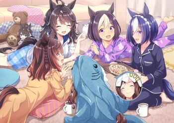 5girls ahoge animal_costume animal_ears animal_hood blue_eyes blue_hair blue_pajamas blue_shorts blush braid breasts brown_hair buena_vista_(umamusume) cesario_(umamusume) character_doll closed_eyes closed_mouth collarbone commentary_request crown_braid cup daring_heart_(umamusume) daring_tact_(umamusume) doll food hair_between_eyes hair_ornament holding holding_tray hood hood_up hoodie horse_ears horse_girl horse_tail long_hair lying medium_hair multicolored_hair multiple_girls on_stomach open_mouth pajamas pillow purple_eyes purple_pajamas seiza shark_costume shinohara_shinome shirt short_hair short_sleeves shorts sitting sleepover smile special_week_(umamusume) stuffed_animal stuffed_toy tail teddy_bear tray two-tone_hair umamusume white_hair white_hoodie yellow_pajamas