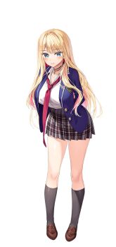 1girl amaemi-longing_for_you- arms_behind_back black_choker black_socks blazer blonde_hair blue_eyes blue_jacket blush breasts brown_shoes choker closed_mouth collared_shirt colored_inner_hair cross cross_choker full_body jacket kneehighs kusunoki_iroha large_breasts large_variant_set leaning_forward loafers long_hair looking_at_viewer multicolored_hair necktie official_art open_clothes open_jacket oryo_(oryo04) pink_hair plaid_clothes plaid_skirt pleated_skirt red_necktie school_uniform shirt shoes simple_background skirt smile socks solo standing tachi-e variant_set white_background wing_collar