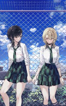 2girls black_eyes black_hair blonde_hair blue_sky bowtie breasts building green_bow green_bowtie green_necktie heart large_breasts looking_at_another multiple_girls necktie original shirt short_hair sky socks syuri22 white_shirt yellow_eyes yuri