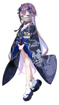 Rule 34 | amakawa mamushi, astral party, blue eyes, blue hair, blue kimono, breasts, dragon girl, highres, horns, japanese clothes, kimono, non-web source, official art, purple hair, small breasts